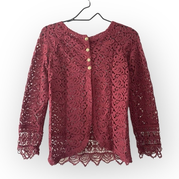Zara Crochet Lace Eyelet Blouse See Through Maroon Top Women’s Size XS - Picture 5 of 12